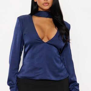 Top Tier Scarf Satin Blouse 2 Piece Set - Navy - L